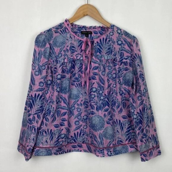 J.Crew X Abigail Borg S Blouse Floral Prairie Dusk Print Pink Navy Ribbon Tie - Picture 4 of 14